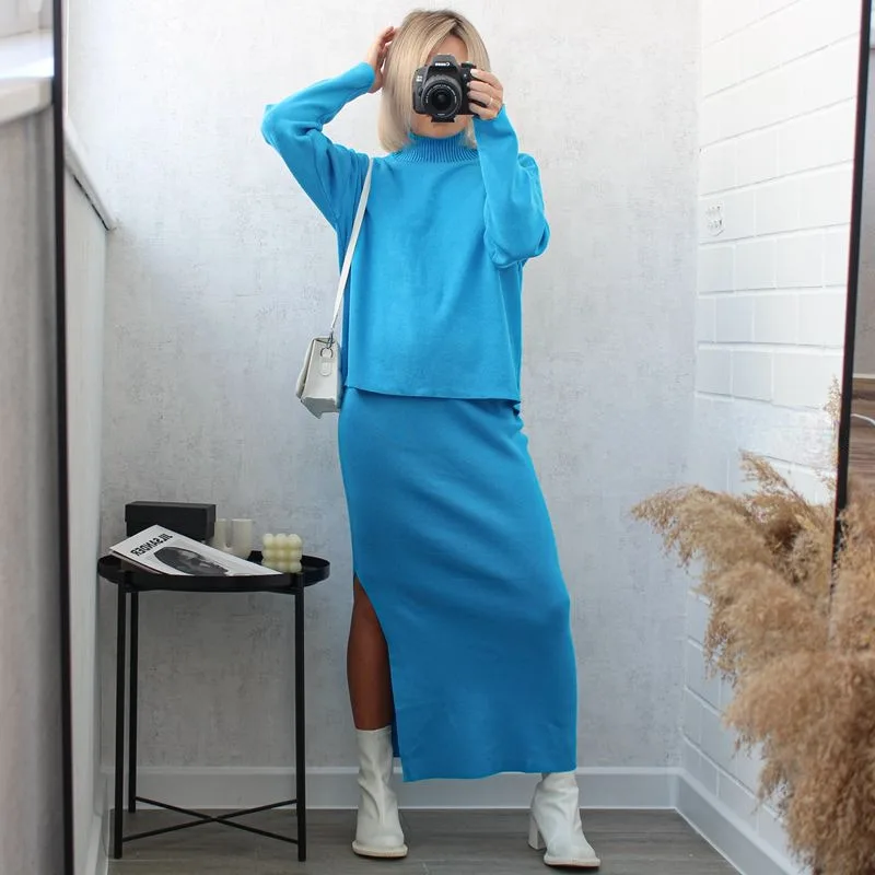 Jupes fendues et pulls pour femmes pulls respirants imbibes jupe longue a haute elasticite ensemble tunique 2 pieces