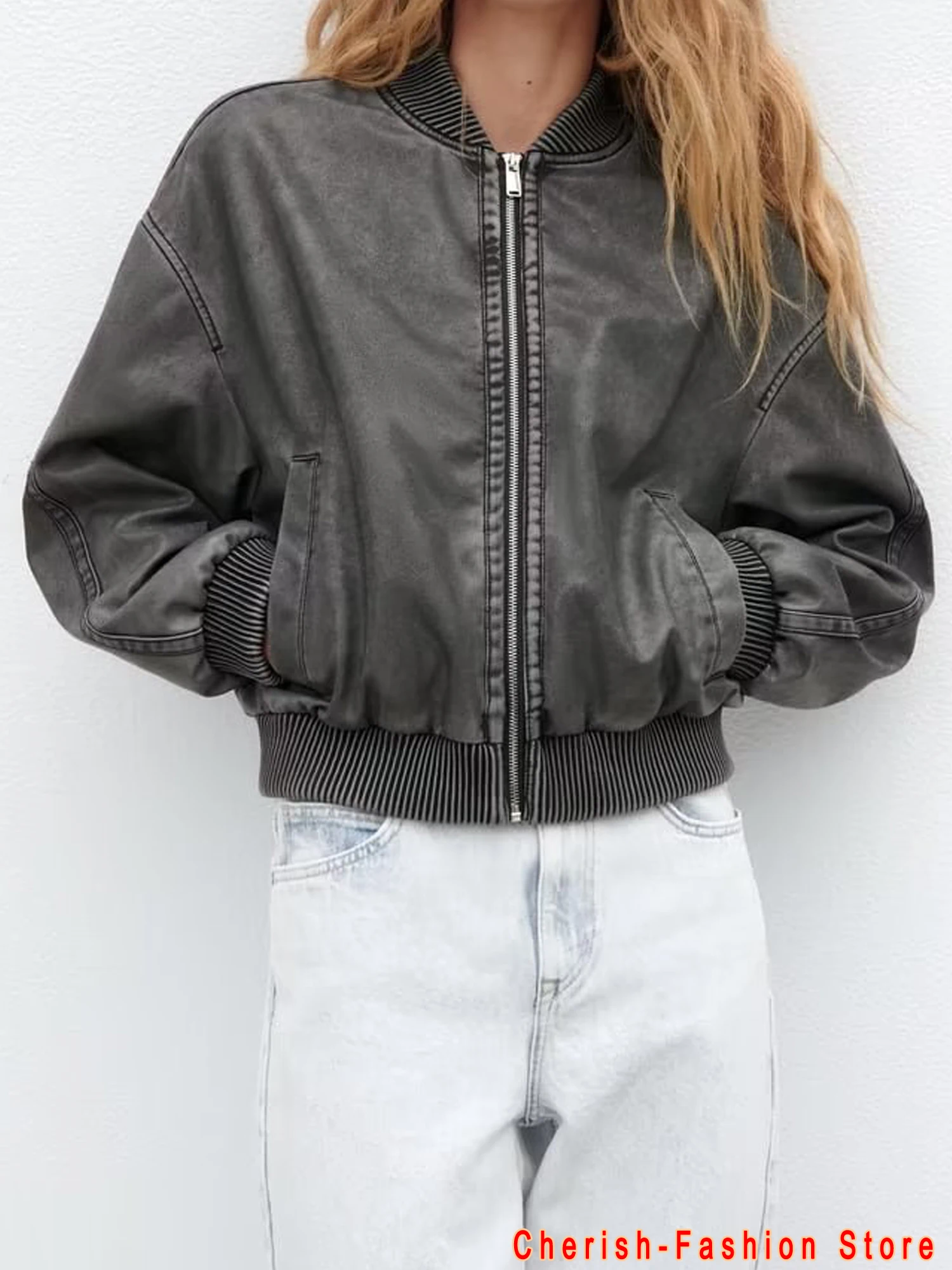 

Women Washed Leather Loose Jacket Vintage Stand Collar Gradient Zipper Short Coat 2023 Spring Lady Locomotive Style Chic Coat