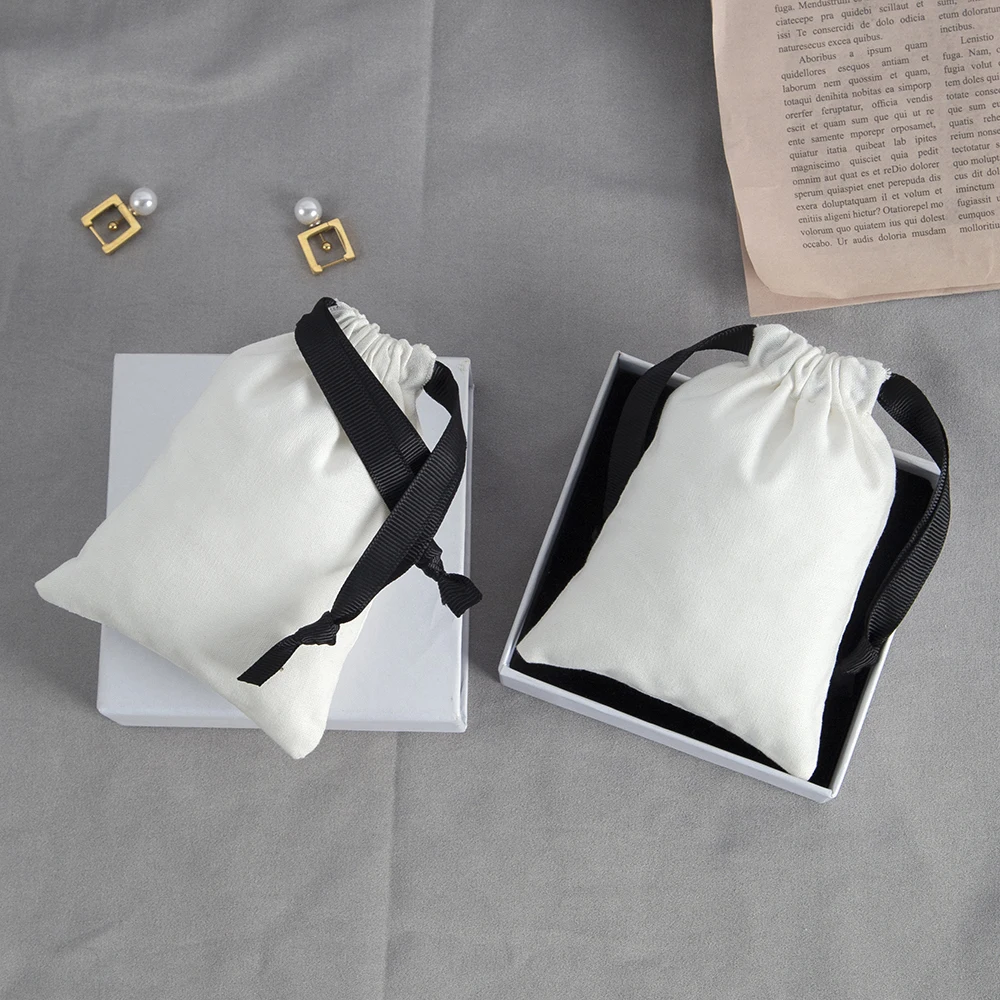 50/100 Stück weiße Geschenktüten aus Baumwollseil mit Kordelzug, Schmuckverpackungsbeutel, Aufbewahrungstasche für Hochzeitsringe, Ohrstecker, Verpackung – Detail 7