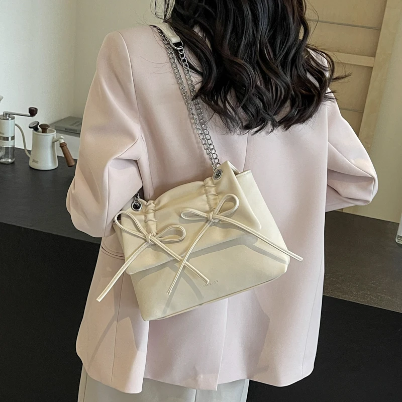 LEFTSIDE Bow Small Crossbody Bags for Women 2024 New Trend Fashion PU Leather Shoulder Bag Female Y2K Silver Chain Handbags