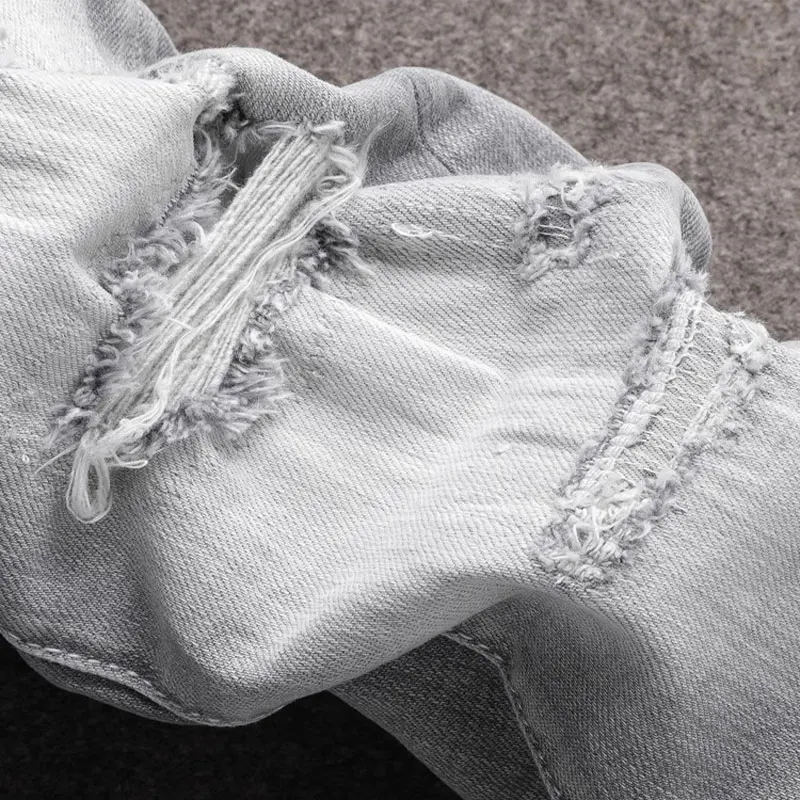 Street Fashion Men Jeans Retro Gray Stretch Slim Fit Vintage Ripped Jeans Men Embroidery Patched Designer Hip Hop Brand Pants