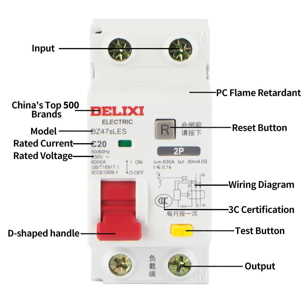 DELIXI 1P+N 2P Leakage Protector AC230V Overload Short Circuit Electronic Protection Residual Current Circuit Breaker Switch 2