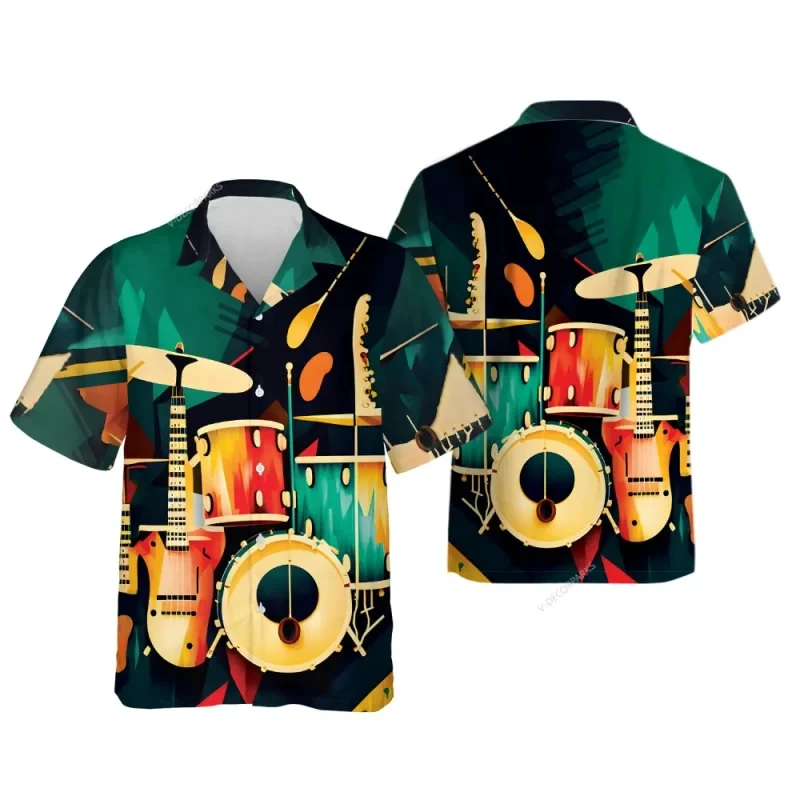 Hawaiian Shirts For Men Drum Graphic Summer Casual Short Sleeve Y2k Tops Oversized Streetwear Vintage Beach Blouse Clothing Male