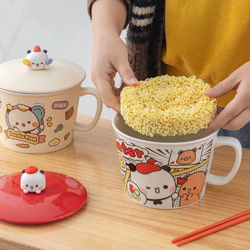

Cartoon Cute Panda YIER BuBu Pattern Ceramic Nstant Noodle Bowls With Cover Handle Dormitory Bowls Bento Student Lunch Bowl Set