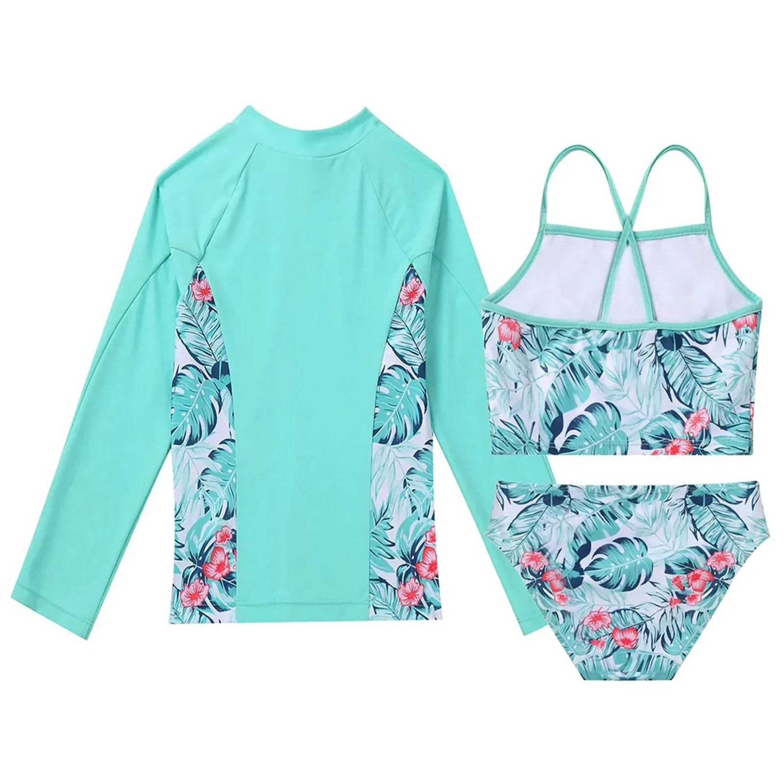 Kids Girls Swimwear Straps Sleeveless Tops with Briefs And Long Sleeves Front Zipper Closure Coat Set Beach Bathing Suits children swimsuit