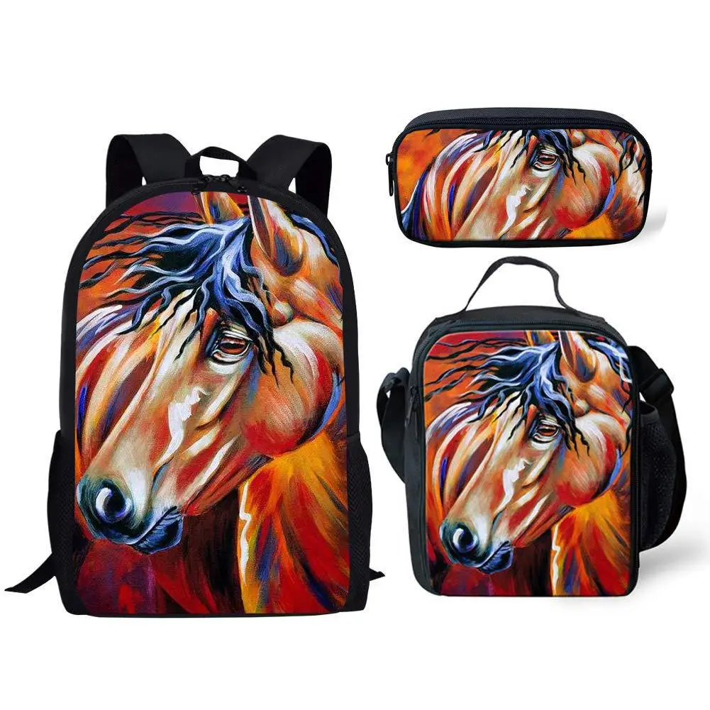 Popular Youthful Broken flower horse 3D Print 3pcs/Set Student Travel bags Laptop Daypack Backpack Lunch Bag Pencil Case