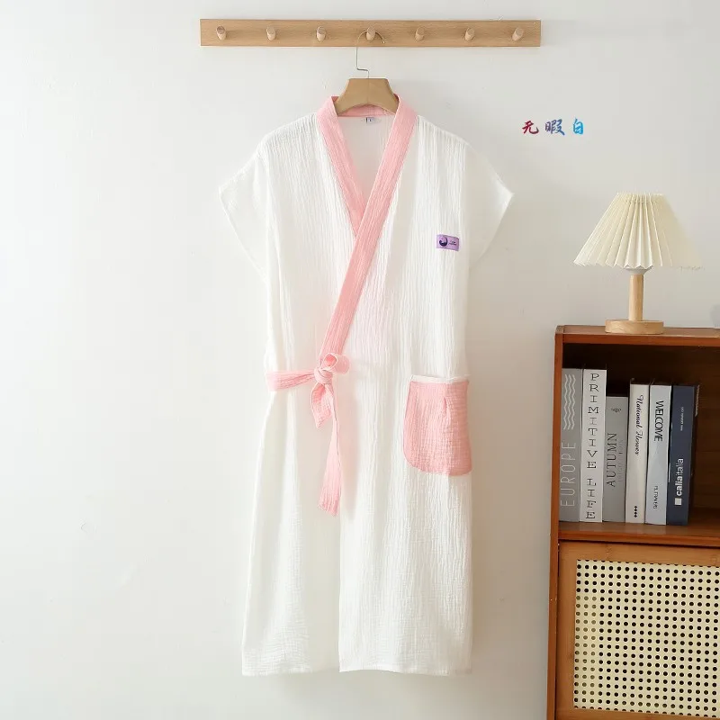 Çift Krep Gazlı Bez Banyo Robe Yaz Kısa Kollu Elbiseler Kadınlar için % 100% Pamuklu Pijama Gevşek Rahat gece elbisesi kadın Pijama