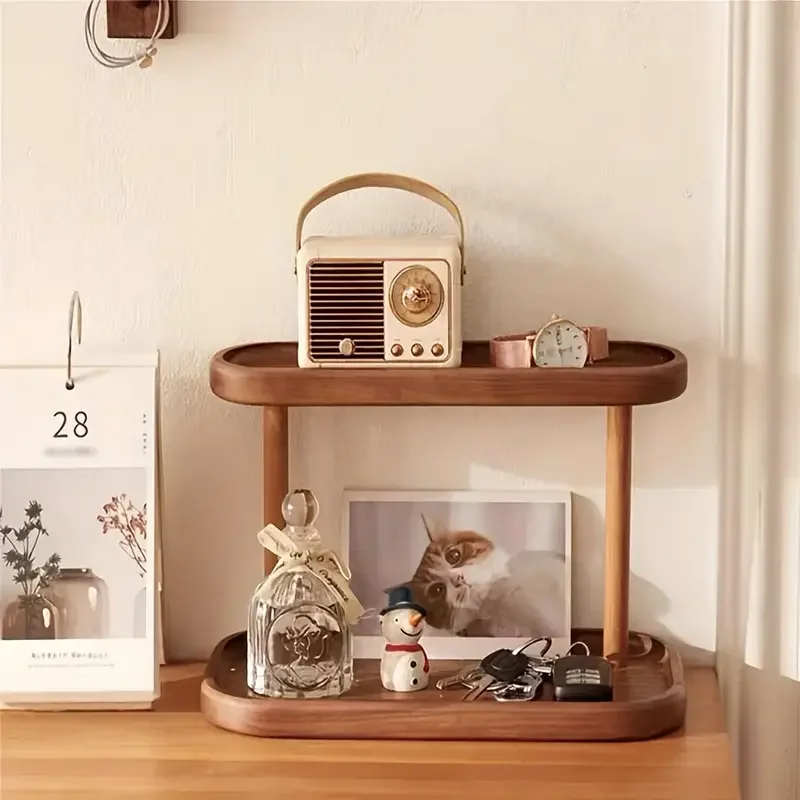 Vintage Solid Wood Double Layer Storage Rack Jewelry Rack Dressing ...