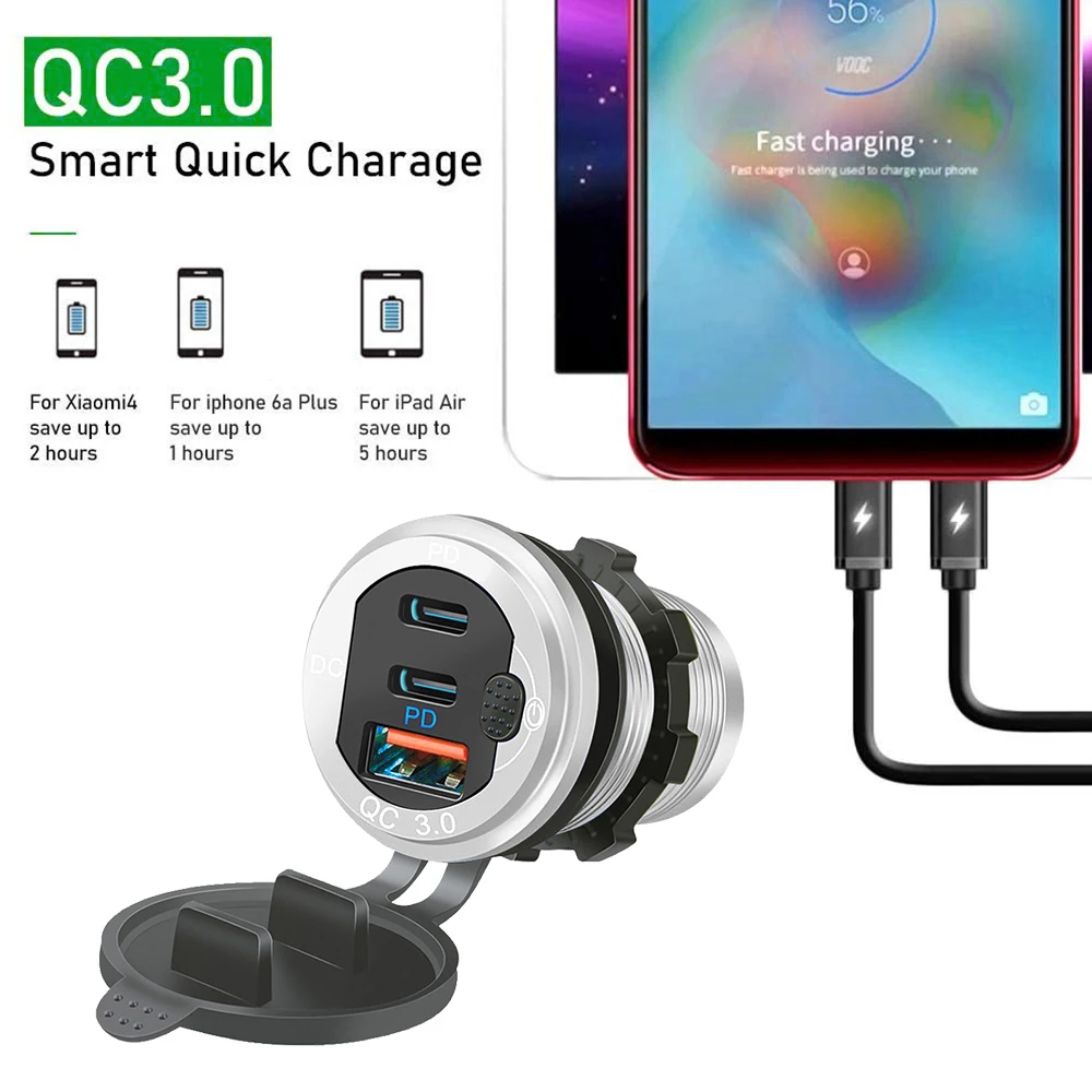 12V/24V USB 차량용 충전기 소켓 PD3.0 및 QC3.0 Type-c 포트 LED 터치 스위치로 방수 115W 고속 충전 자동차 모토 어댑터