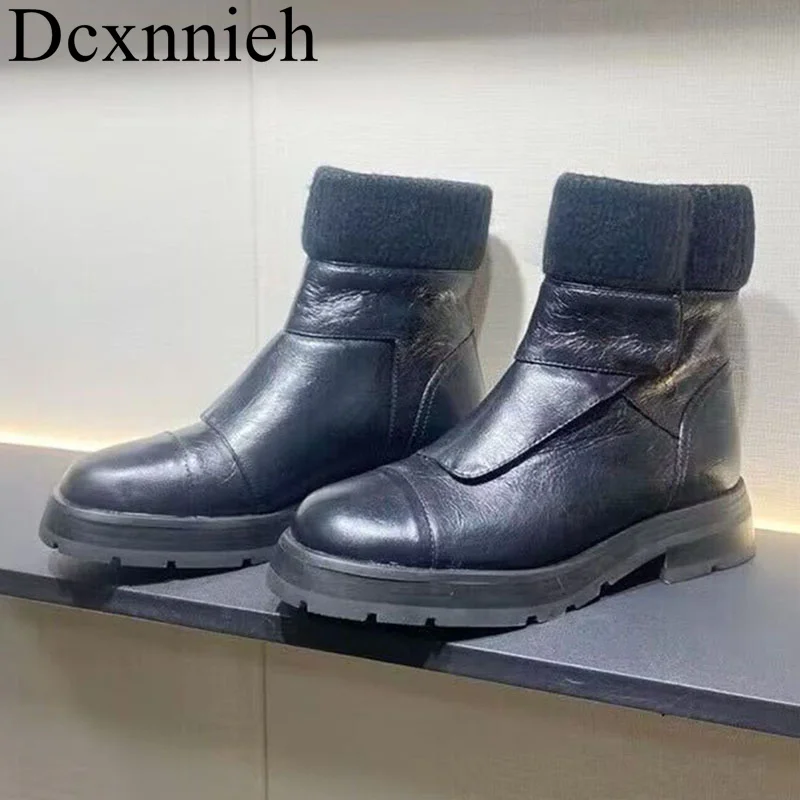 

New Genuine Leather Thick Heels Short Boots Women's Retro Knit Turned-over Edge Ankle Botas Winter Splicing Flat Riding Boots