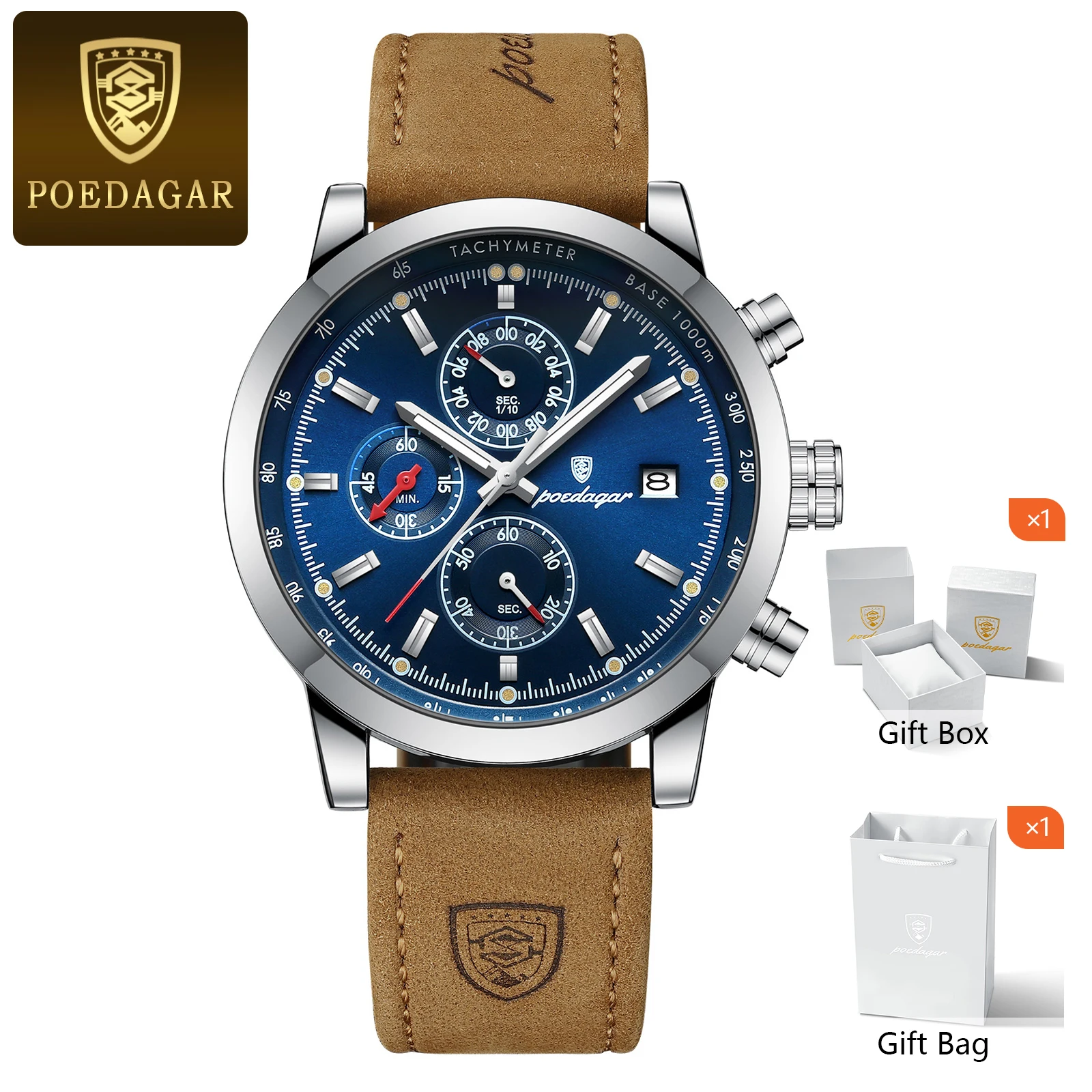 POEDAGAR Funktionale Herren-Armbanduhr mit Datum, wasserdicht, leuchtend, Chronograph, Leder, Quarz, Militäruhr + Geschenkbox_voghion.com