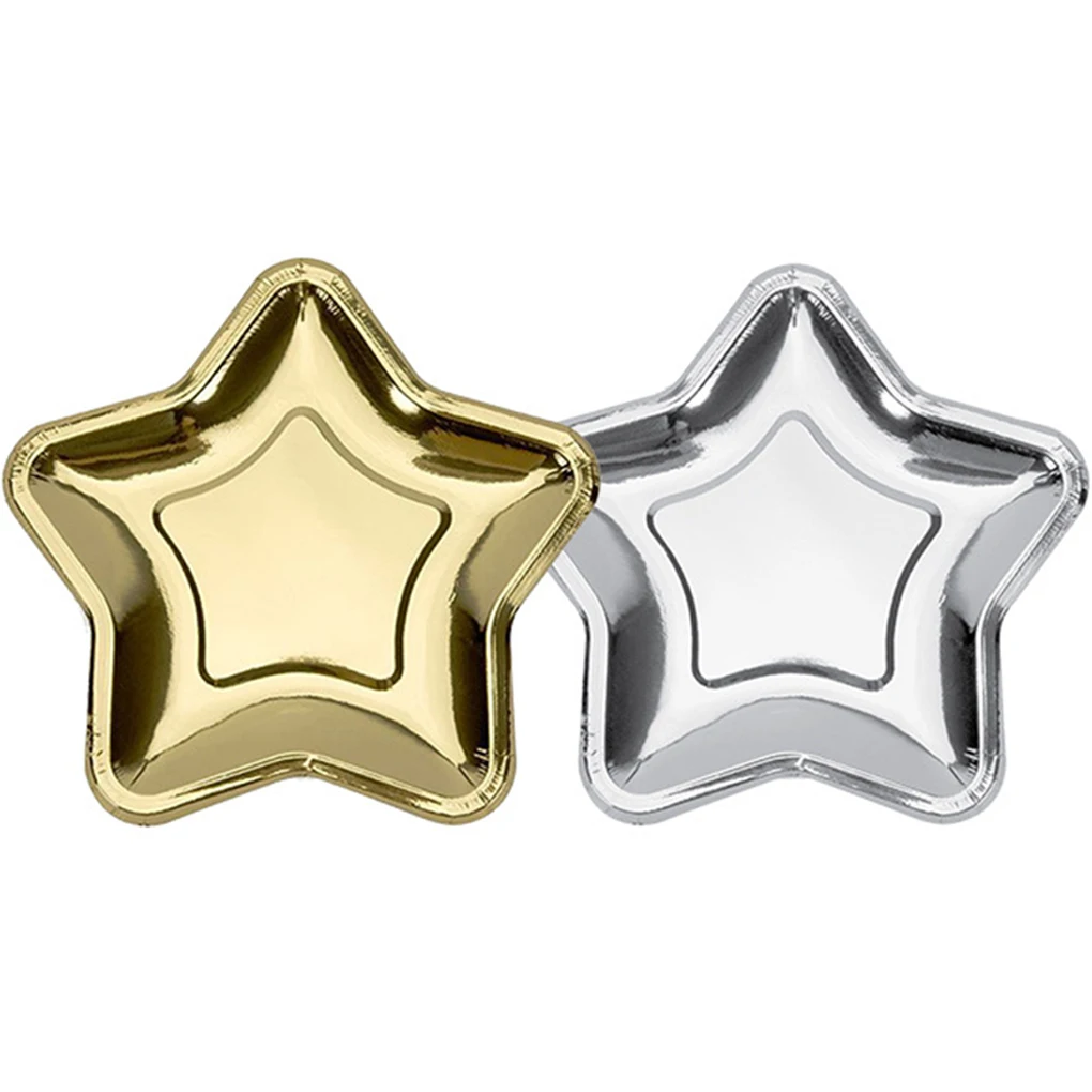 20PCS Golden Silver Five-pointed Star Paper Plate Disposable Plates For Fruit Cake Dessert Birthday Wedding Party Banquet Decor