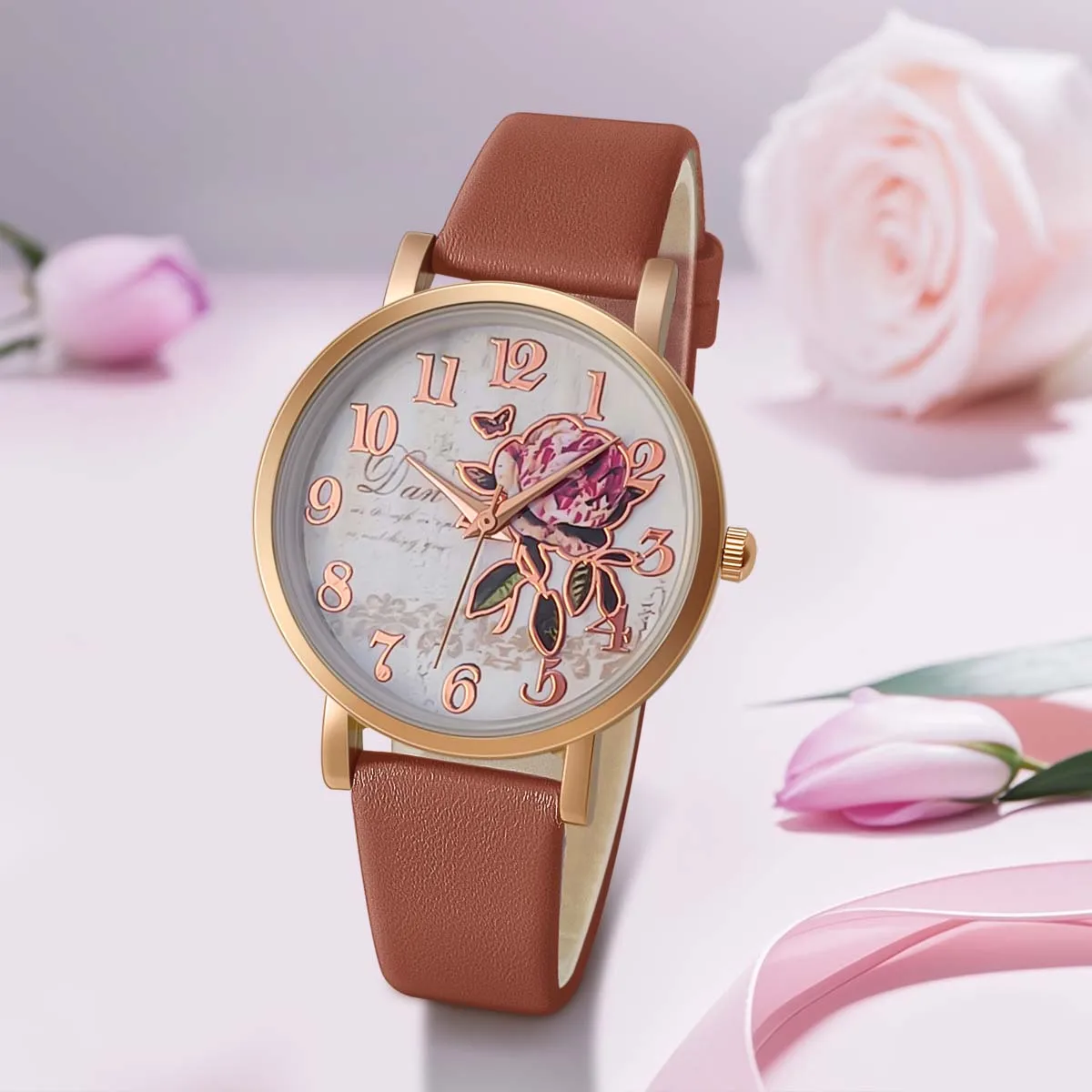 New Style Fashion Casual Luxury Women Peony Dial PU Leather Quartz Watch Elegant Popular Versatwrist Watch Hoilday Gifts Present 2