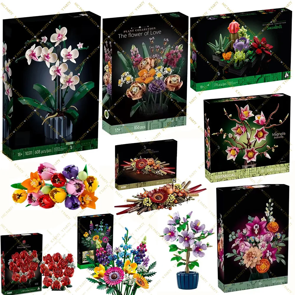 3D Künstliche Blumen Rose Orchidee Topfpflanze DIY Baustein-Set Ewige Liebe Blumenstrauß Modell Heimdekoration Partygeschenk