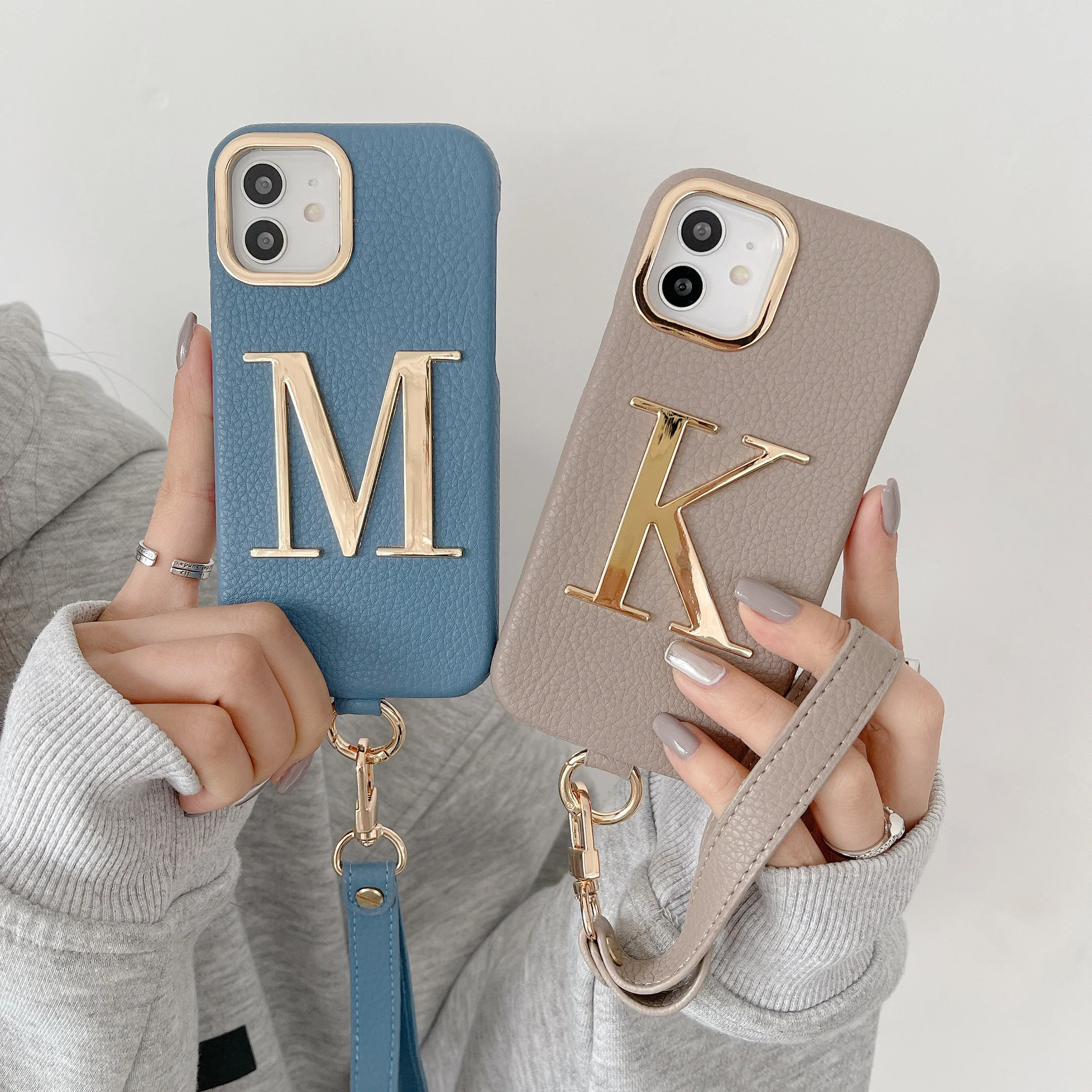 New Female Leather Custom Initial Leather Hand Rope Gold Letters Phone Case For iPhone 15 14 14ProMax 14Plus 13Promax 13 12 11