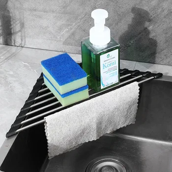 Triangolo arrotolabile Stendino per piatti Lavello da cucina Organizzatore ad angolo sopra il lavandino Porta stracci in spugna Scolapiatti pieghevole in acciaio inossidabile 1