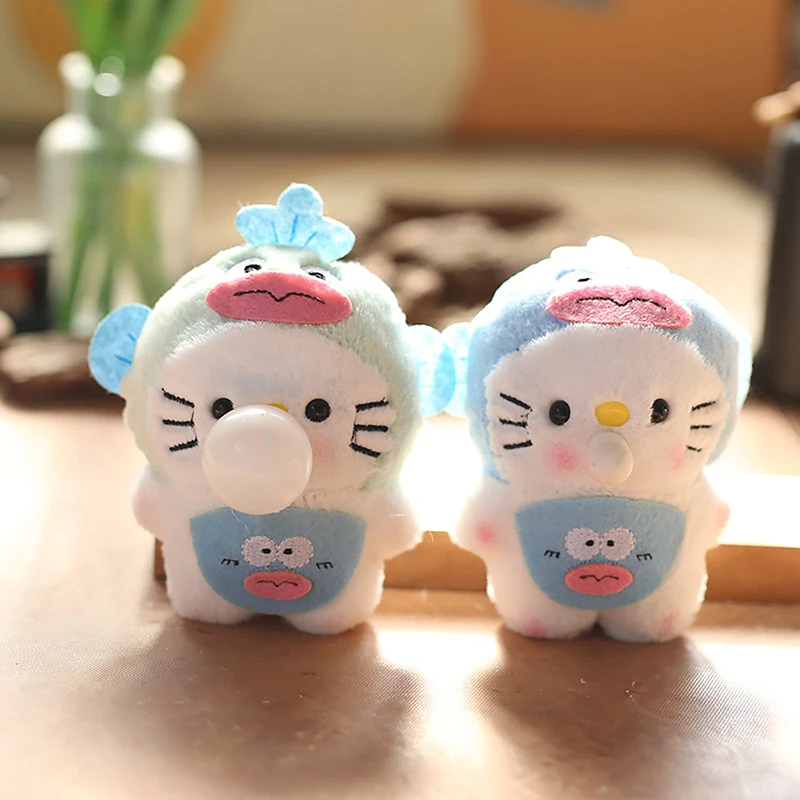 귀여운 산리오 행요돈 후드 KT 고양이 봉제 인형, 삐삐 거리는 거품, 헬로 키티 봉제 장난감, 열쇠고리 가방 펜던트 선물