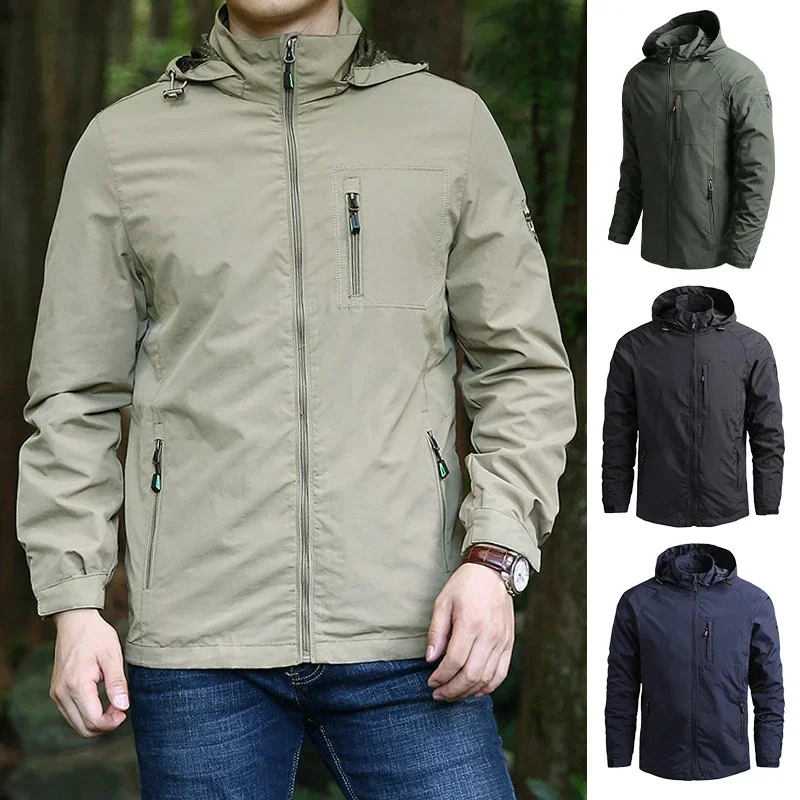 

Hot Sale 5XL Mens Outdoor Hiking Jackets Autumn Military Multi-pocket Tactical Safari Fishing Waterproof Hooded Thin Cargo Coat
