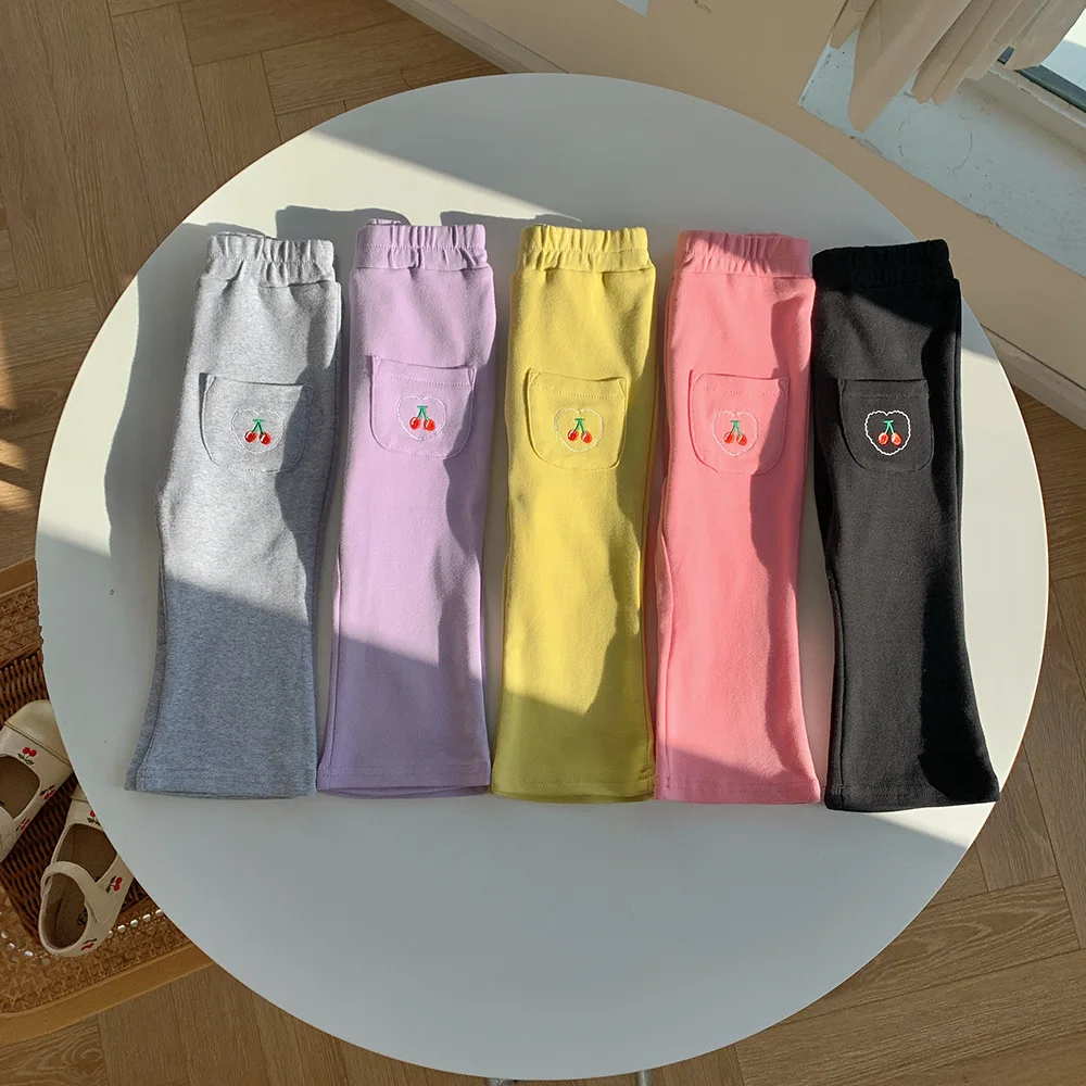 

South Korea Autumn Children's Wear New Knitted Girls' All-match Solid Color Casual Cherry Embroidered Flared Pants
