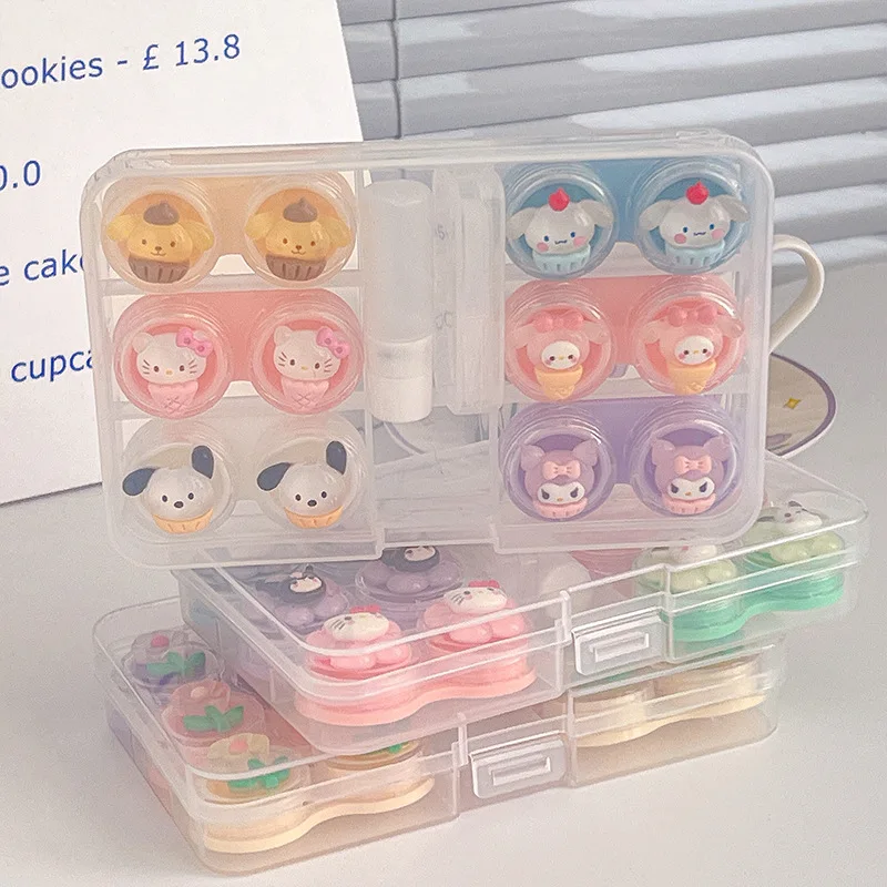 6Pairs Sanrio Hello Kitty Beauty Pupil Cinnamoroll Cartoon Anime Contact Lens Companion Box Travel Kit Plastic Soak Storage Case