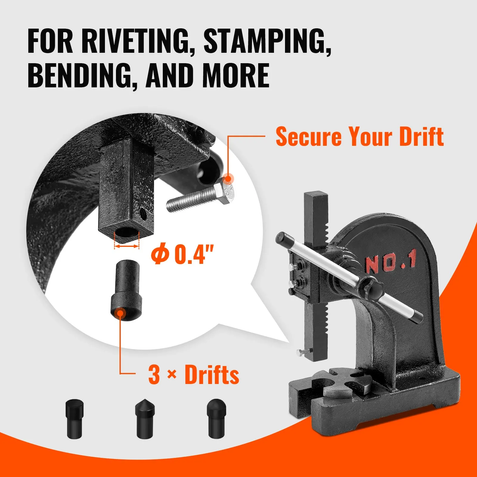 Arbor Press, 1 Ton Manual Arbor Press, 5.9" Maximum Height, Cast Iron Heavy-duty Manual Desktop Precision Hand
