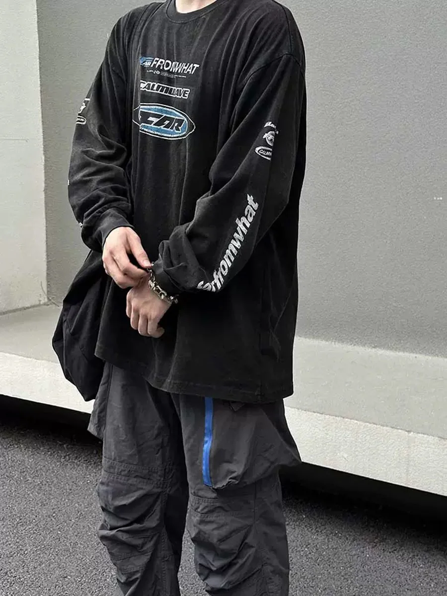 Retro Racing Logo Distred Cotton Long Sve T-irt Streetwear Hip Hop Trendy Base Layer irt Breathable Loose Fit