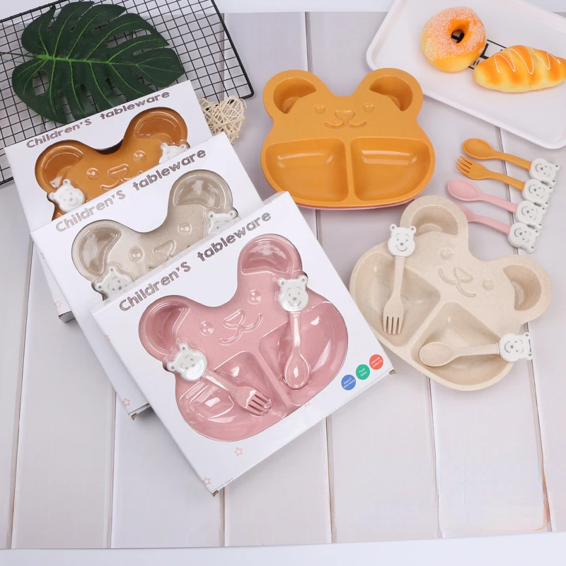 

The new children's pure color cartoon bowl tableware snack plate baby lunch box children's eating tableware set can be degraded