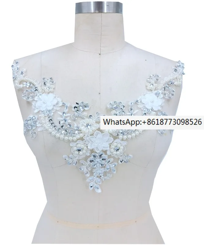 

White handmade beaded three-dimensional flower lace pearl rhinestone lace applique wedding dress DIY clothing lace material