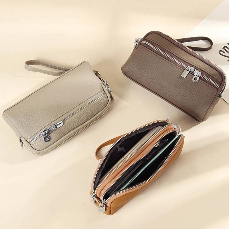 

Женский кошелек через плечо из натуральной кожи, Модный маленький бумажник на молнии для сотового телефона, клатч из воловьей кожи