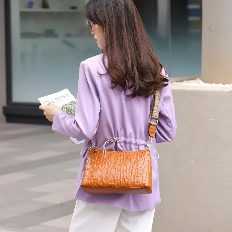 Letters Embossing ,Real Skin Shoulder Bag, 100% Natural Cowhide,Fashion Messenger Bag,Women Genuine Leather Crossbody Bag,D340