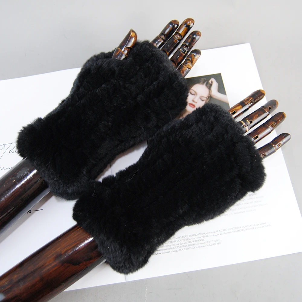 2025 Fashion Real Rex Rabbit Fur Women's Winter Gloves Genuine Fur Mittens Girl Fingerless Gloves Wrist Warmer Elastic Fluffy plush gloves