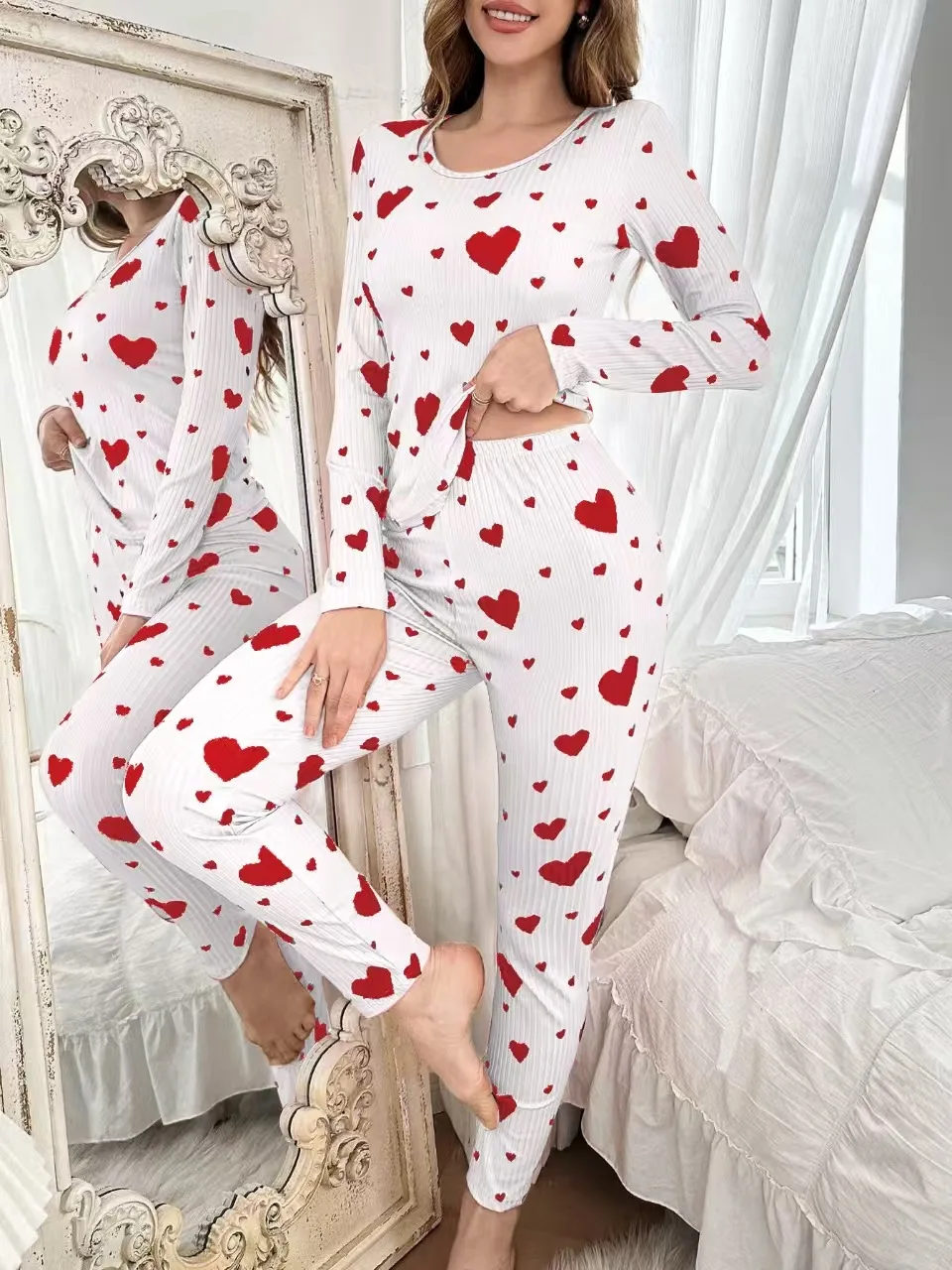 Women's Autumn Winter Pyjama Set, Heart Print Long Sleeve T-shirt and Long Pants Set Loungewear Female Sleepwear