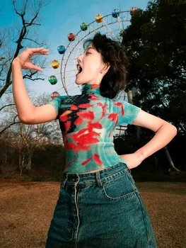 Summer Y2K retro Green Goldfish Print T-Shirt Women Vintage Half Neck Short Sleeve Stretchy Slim Fit Cropped Tops Cute Sexy New 1