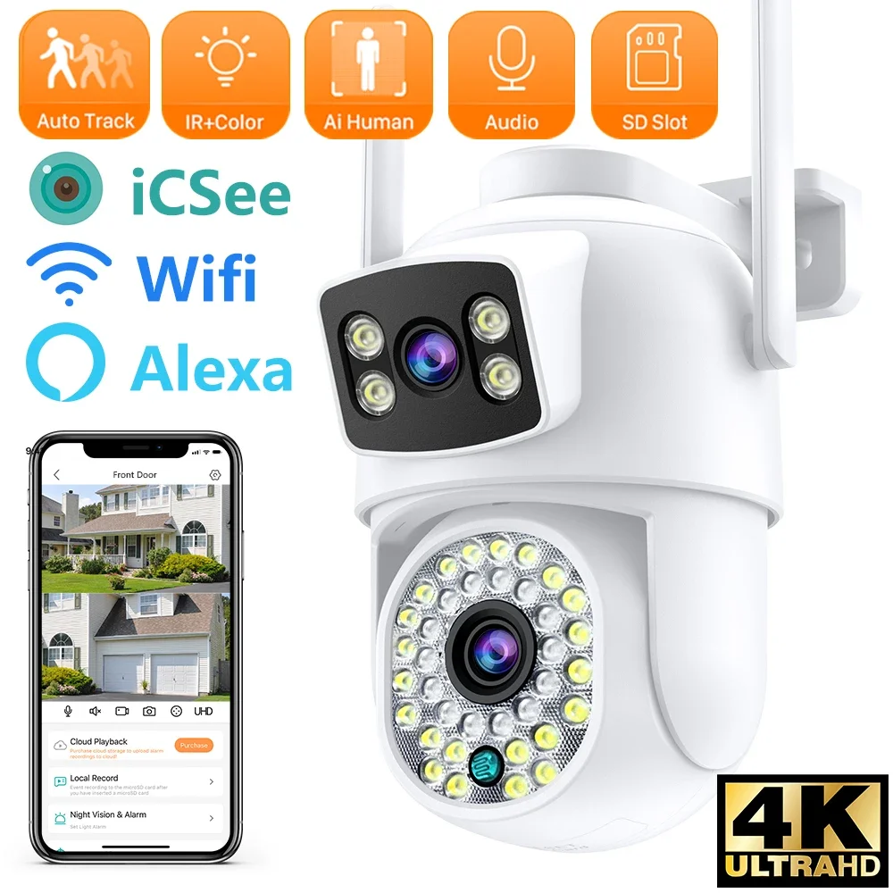 8Mp 4K Ptz Wifi Camera Dual Screen Sorveglianza Esterna Auto Tracking Ai Human Detect Wireless Night Vision Camera Icsee App