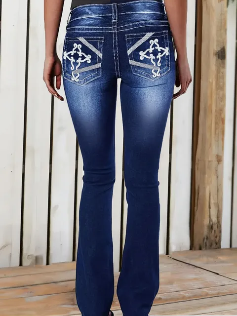 Plus size women's high waisted flared pants, retro embroidered back pocket design, deep blue comfortable women's jeans