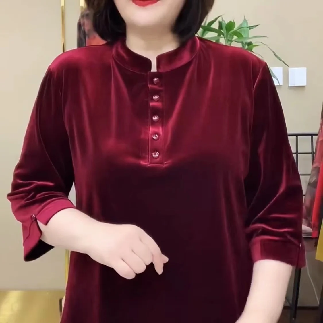 Gold Samt Frühling und Herbst Neue Modische Lose Top frauen Stehkragen Taste Gespleißt Casual Pullover – Detail 3