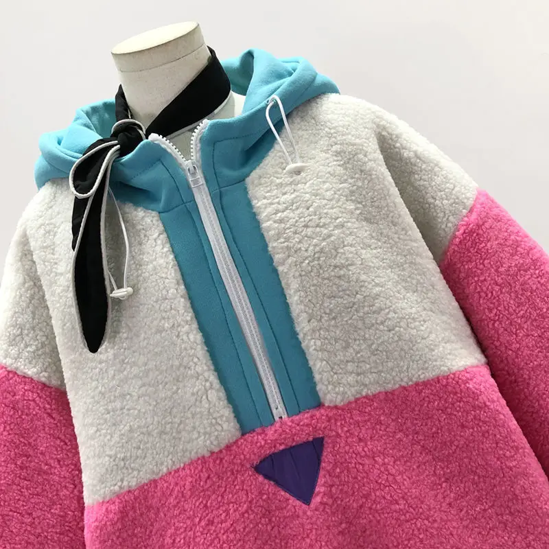 Winter Fashion Keep Warm Splicing Women Hoodie Coat Lady Sweatshirt Half Zipper Harajuku Stitching Lamb Wool Pullover Tops