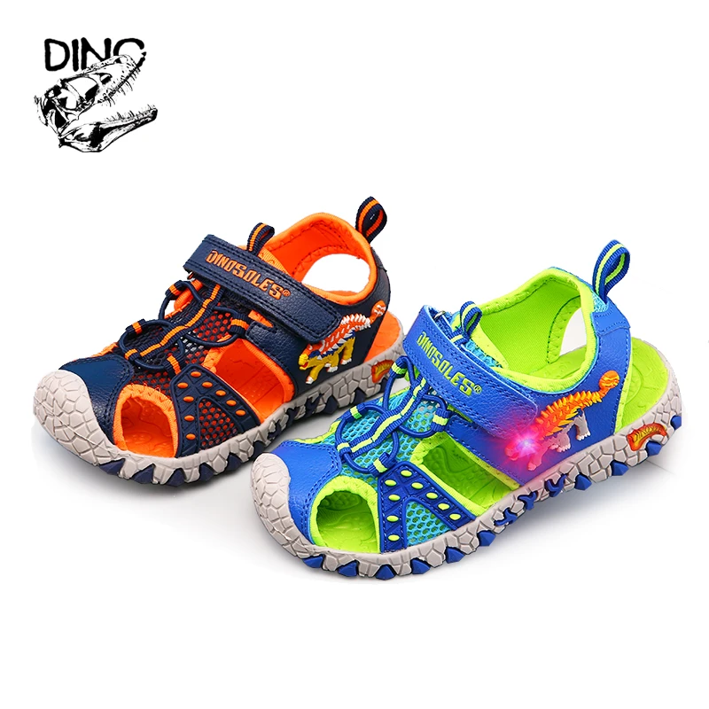 Sandal for girl DINO Dinosaur LED Flashing Summer Sandals 4-8Y Boys Children Cut-Outs Closed Toe Fashion Little Kids Beach Spots Shoes Anti-Slip girls leather shoes