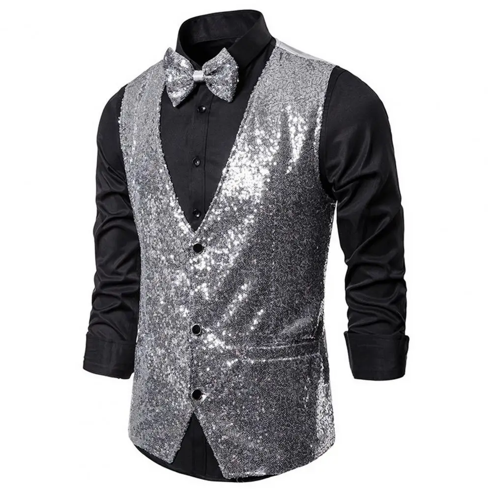 

Men Polyester Suit Vest Stylish Men Vest with Sequined Tie Sequin Sleeveless Slim Fit Men's Vest Bow Set for Stage Show Emcee