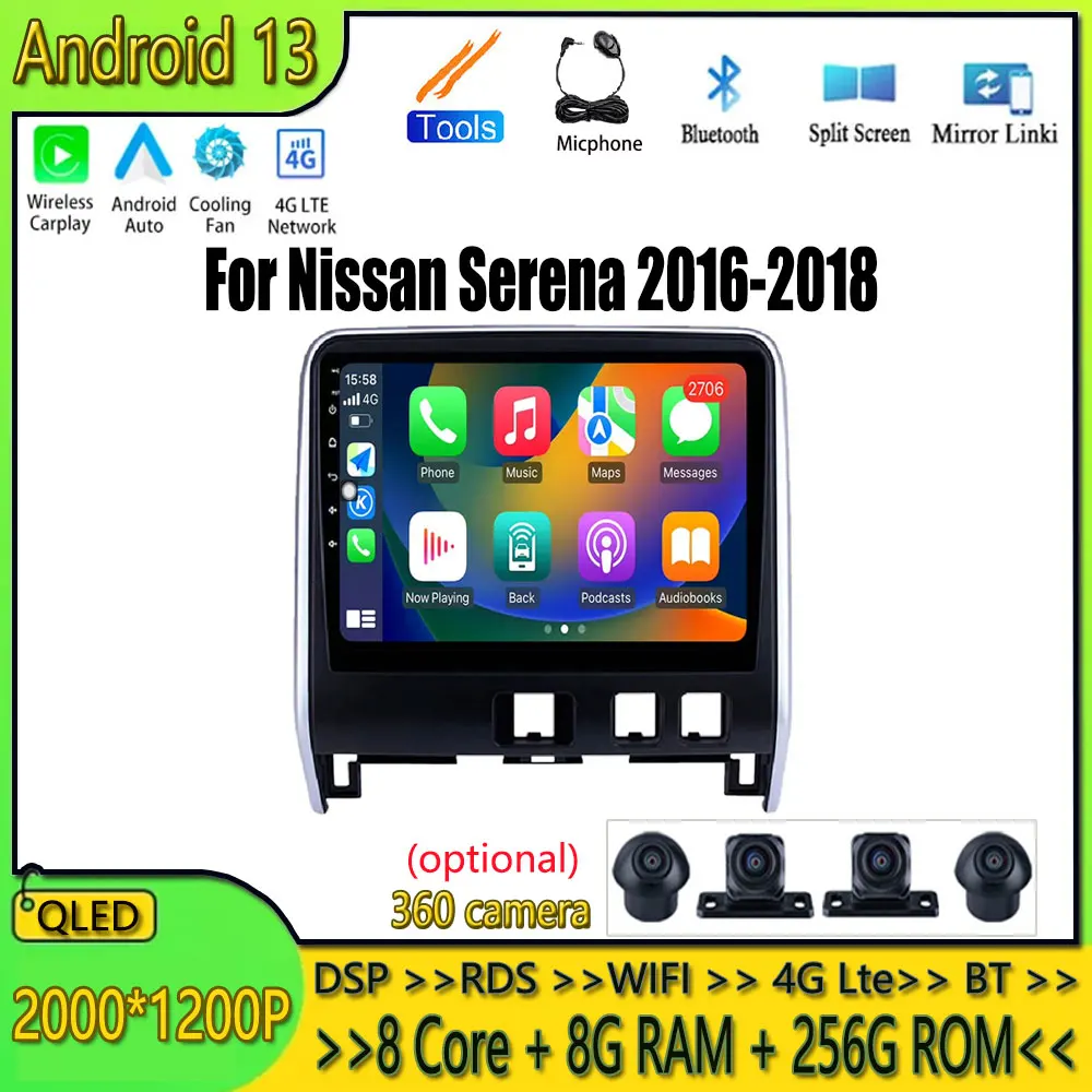 

Автомобильная Мультимедийная система, стерео-система на Android 13, RDS, 4G, Wi-Fi, GPS, 10,1 дюйма, для Nissan Серена 2016-2018
