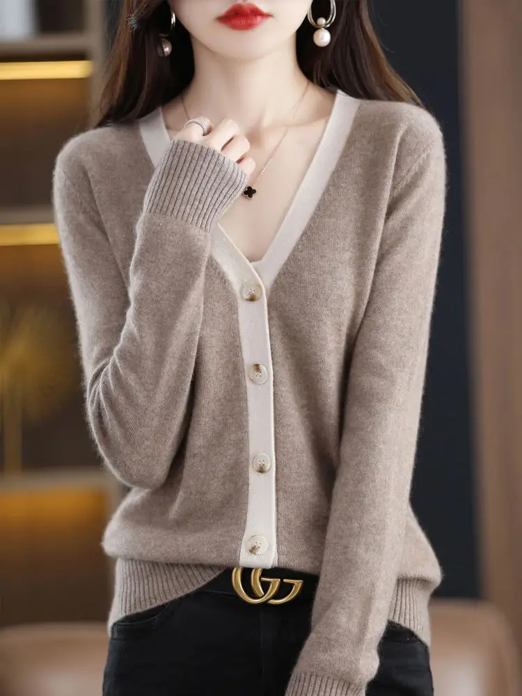 

Women's wool sweater cardigan 100 Pure wool V Collar autumn and winter New long sleeve color matching outer wear slim fit sweate