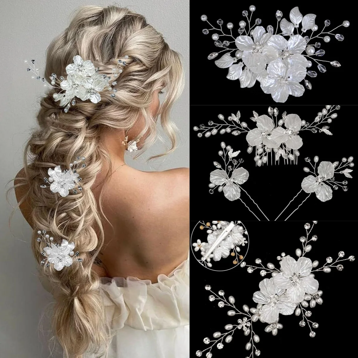 Mode Weiß Acryl Blume Perle Haar Clip Hochzeit Hochsteckfrisur Kamm Haarnadel Set Für Frauen Urlaub Party Haar Zubehör & Kopfbedeckungen