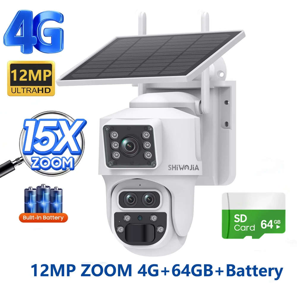 SHIWOJIA كاميرا بالطاقة الشمسية 4G 12MP 6K 15X Zoo...
