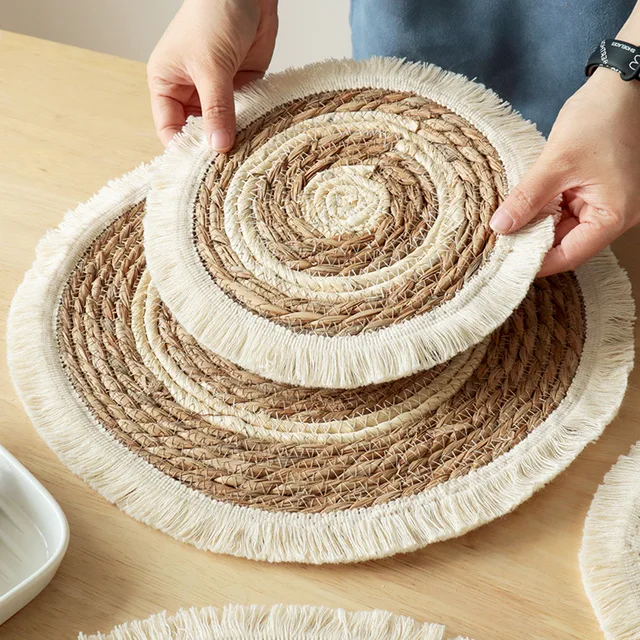 Introducing the 25cm Round Natural Wicker Cotton Woven Tassels Placemat Plate Water Straw Braided Tablemats Rattan Weave Dining Table Dinner Mat