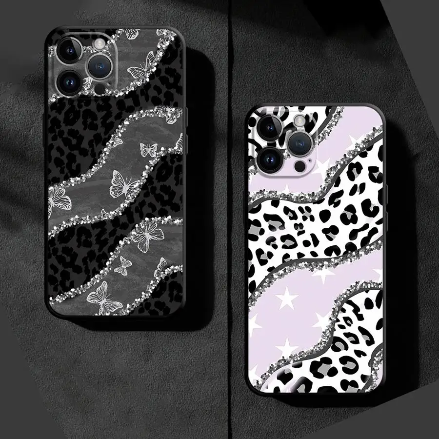 Luxury Pink Bow Leopard Design Phone Case - Stylish Black Soft Cover