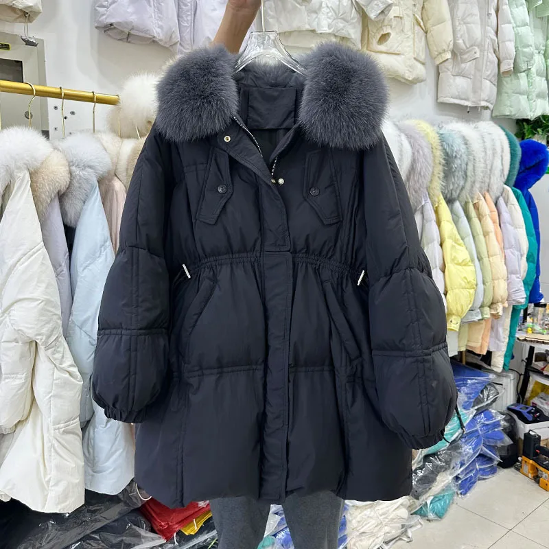 

Korean Large Fox Fur Collar Long Down Jacket Women 2023 New Loose Casual Winter Oversized White Duck Down Coats Thick Warm Parka