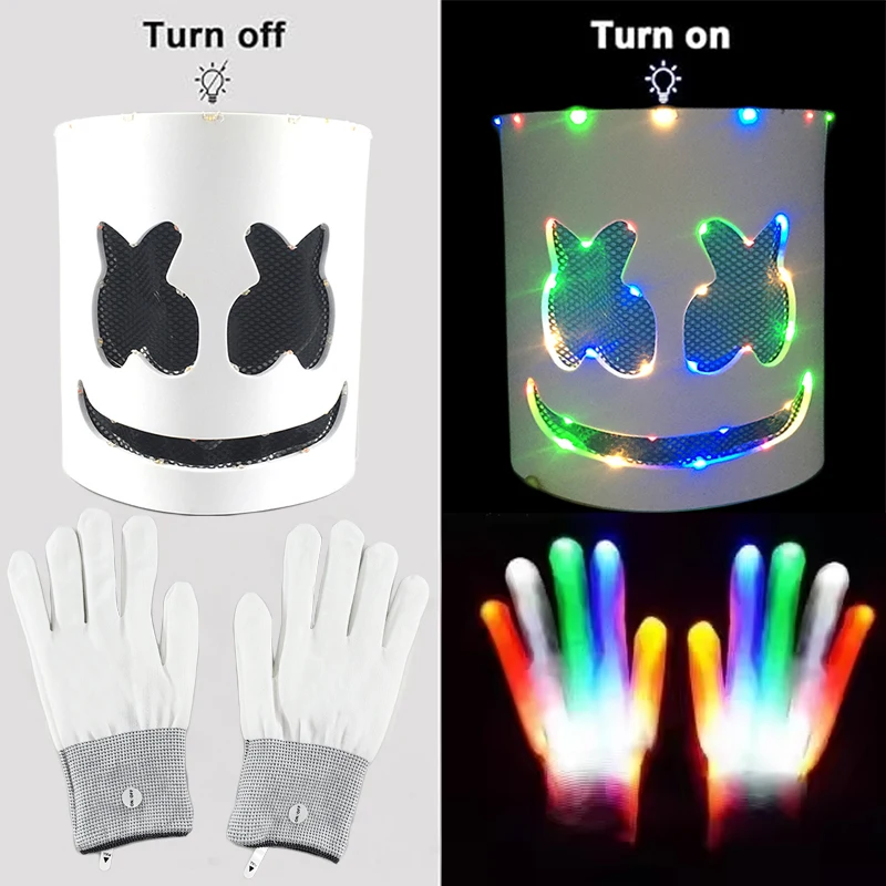 Led Light Up Mask Gloves DJ Marshmello Head Helmet Light Up Cosplay Head Cover Men Women Music Festival Purim props