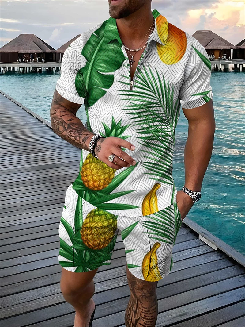 

Men's Tracksuit 2 Piece Set Pineapple Print 3D Polo Shirt Short Sleeve T Shirt and Shorts Casual Man Clothing Zip-Up Polo Shirt