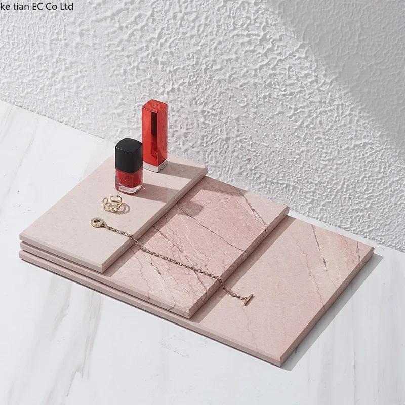 European style natural pink marble tray Aromatherapy Bottle Makeup Bottle Storage Tray Decorative Tray Jewelry Display Plate 5