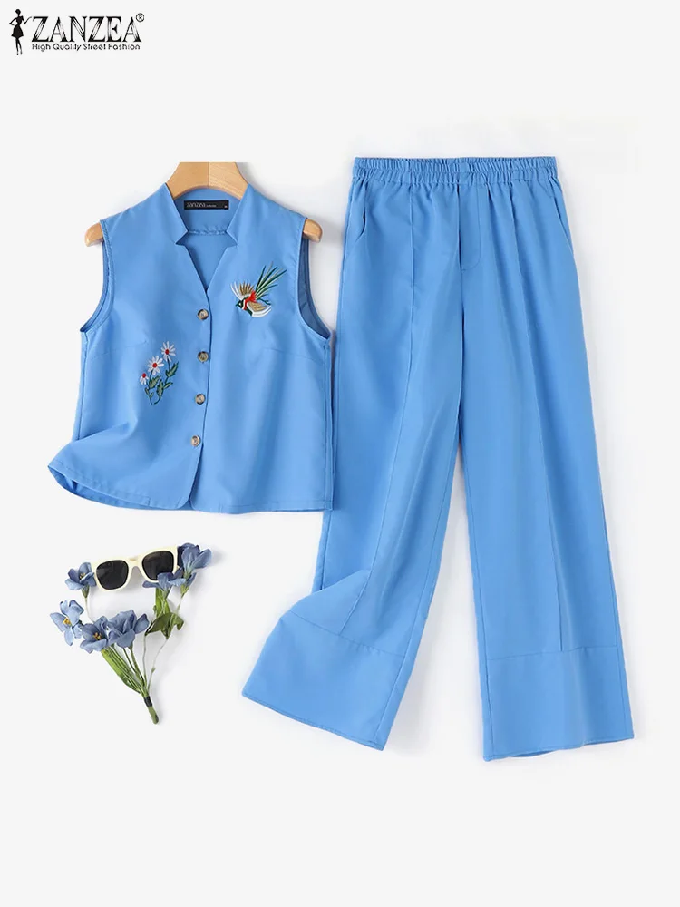 Women 2PCS Pant Sets Vintage Sleeveless Embroidery Vest Tops + Elastic Waist Wide Leg Trousers ZANZEA Summer Tank Suits Outfits
